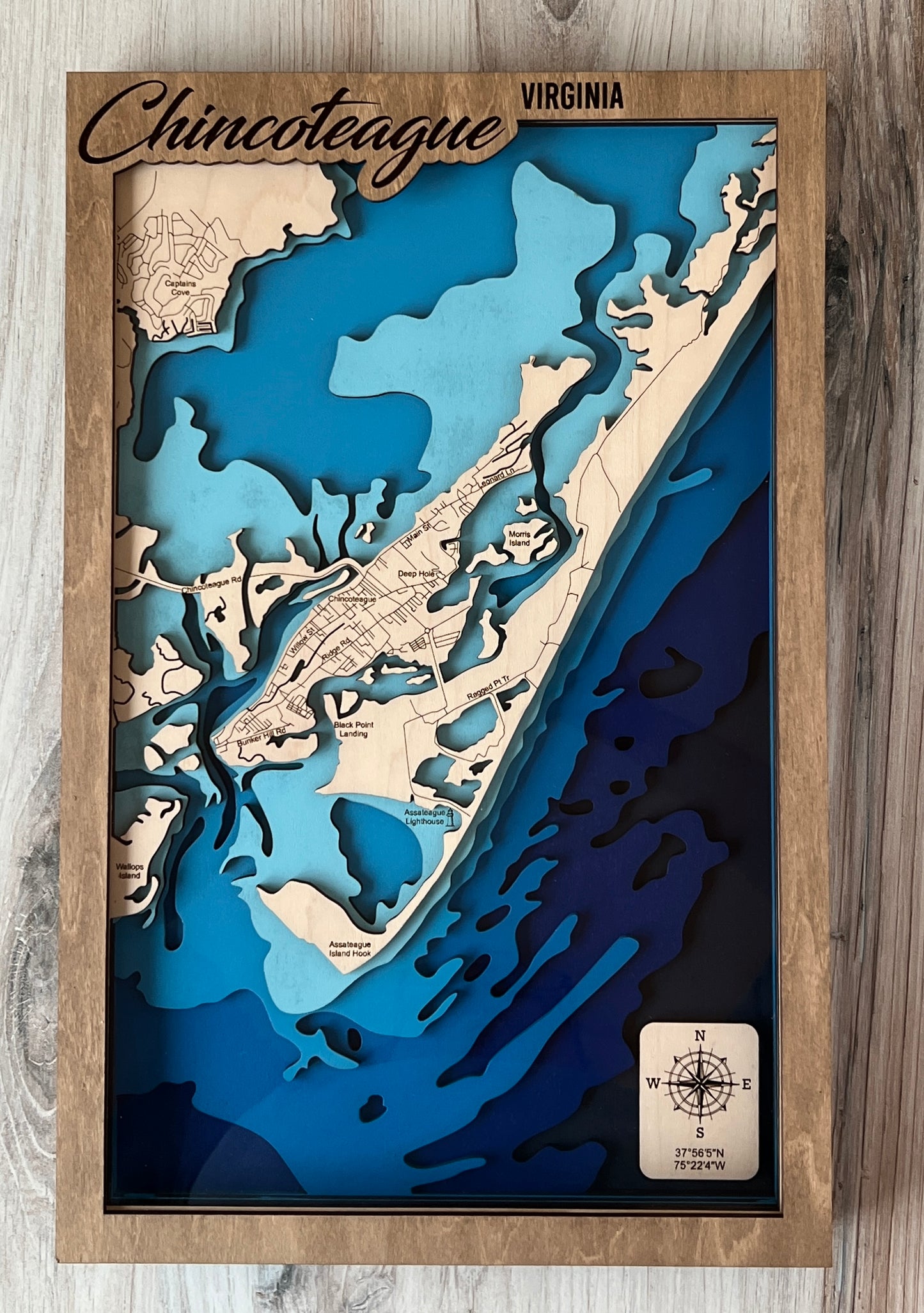 3D laser cut handcrafted wood map of Chincoteague - Assateague Island Virginia