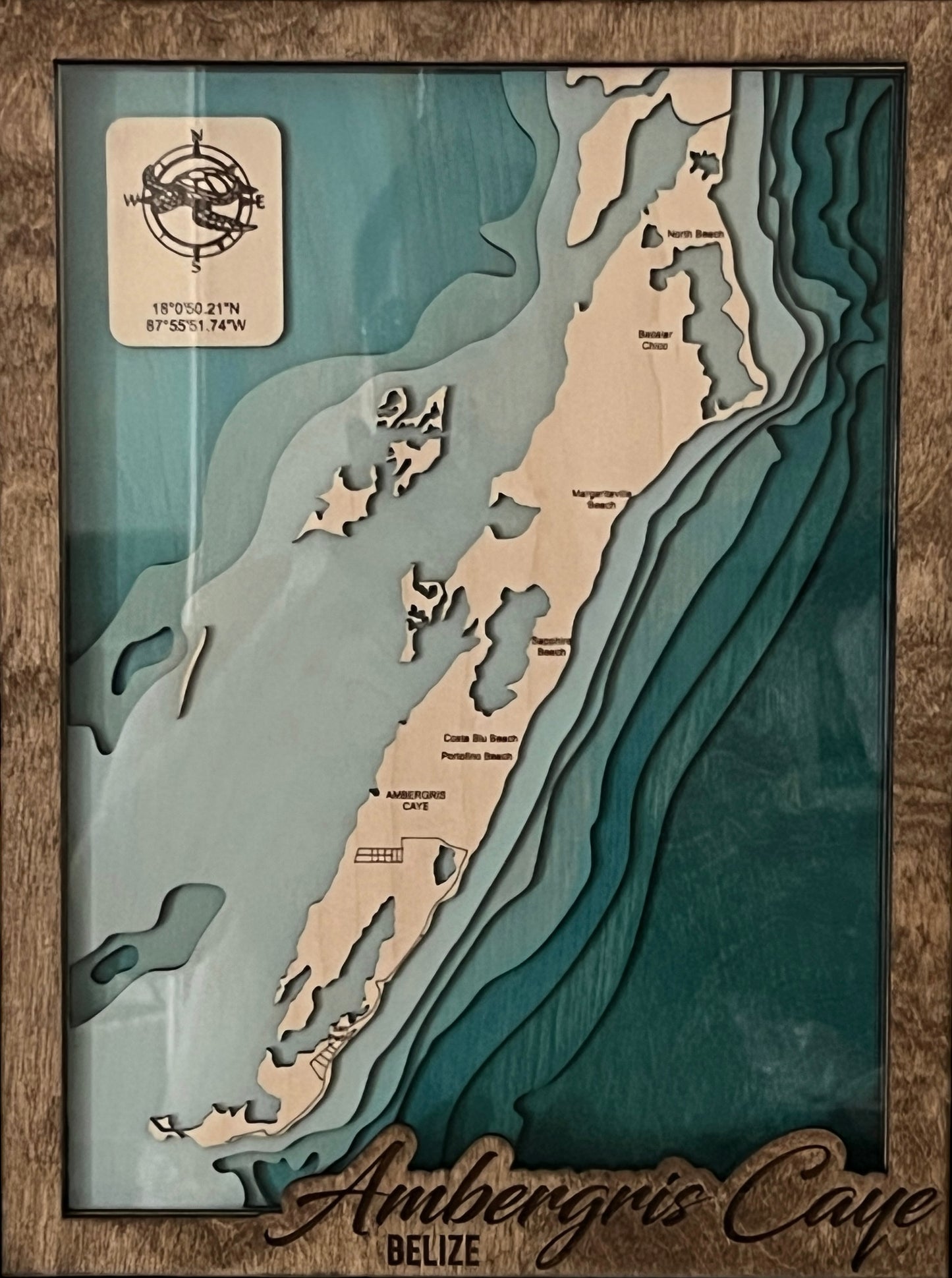 Multilayered laser cut handcrafted wood map of Ambergris Caye - Belize
